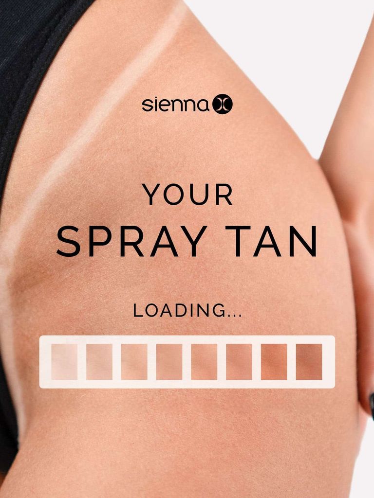 A photo of a spray tan showing tan line, the sienna-x logo and a ;loading style' chart showing different shades.